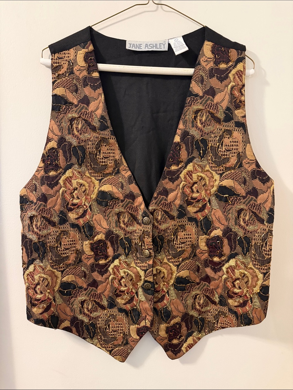 Vintage 80’s Jane Ashley Floral Beaded Brocade Vest in Brown and Gold Sz L uEC